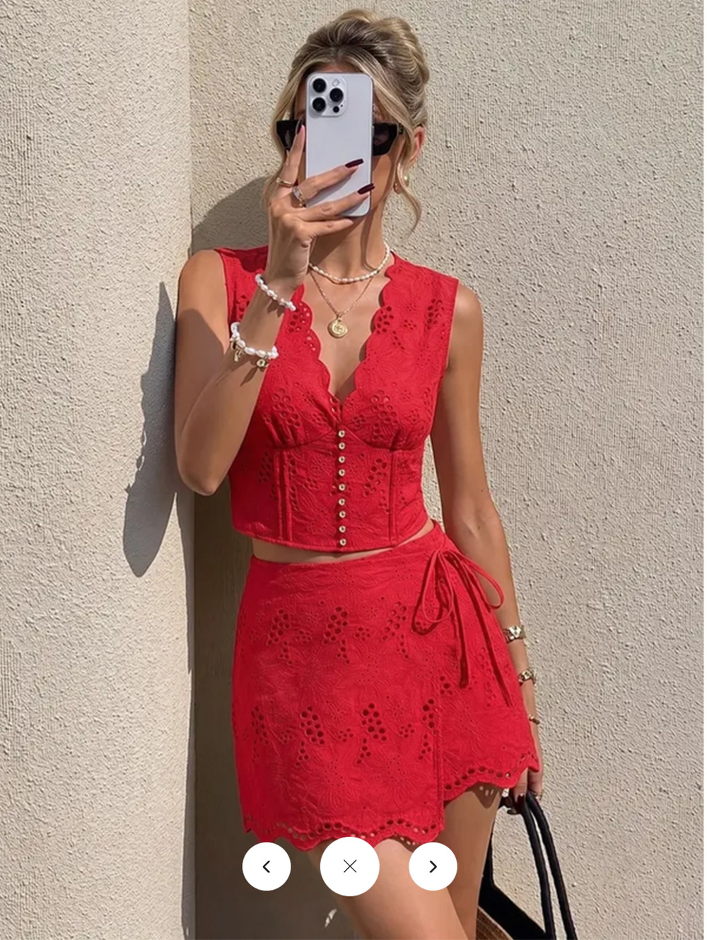 NWT Commense Eyelet Embroidery V-Neck Tie Waist Mini Skirt Set Sz L